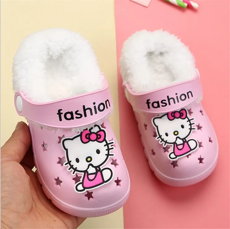 Kitty Snow White Girl Winter Clogs Warm Fur Children's Indoor Shoes Home Hole Mules Navy Cute Pins Sandal EVA Flat Boy Shoes - Цвет: kitty