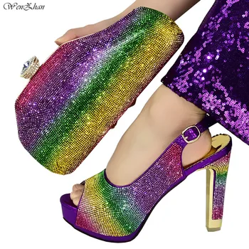 

Shining Purple Wedding Shoes and Ladies Bag Decorated with Colorful Rhinestone Italian Shoes and Bag Party Set WENZHAN d03-21