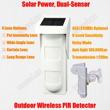 Солнечная энергия, двойной датчик, открытый беспроводной детектор движения, PIR детектор, ПЭТ, невоспламеняемый занавес, широкоугольный объектив, инфракрасный, водонепроницаемый, 2 датчика