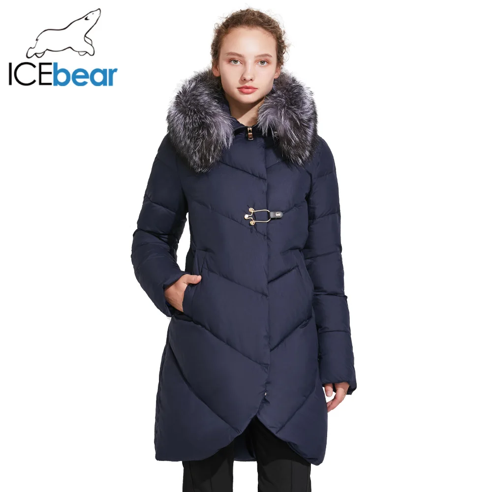 ICEbear, зимняя женская куртка с гладким меховым воротником, декоративные пряжки на молнии, двухслойная ветрозащитная парка, пальто 17G6529 - Цвет: 15425