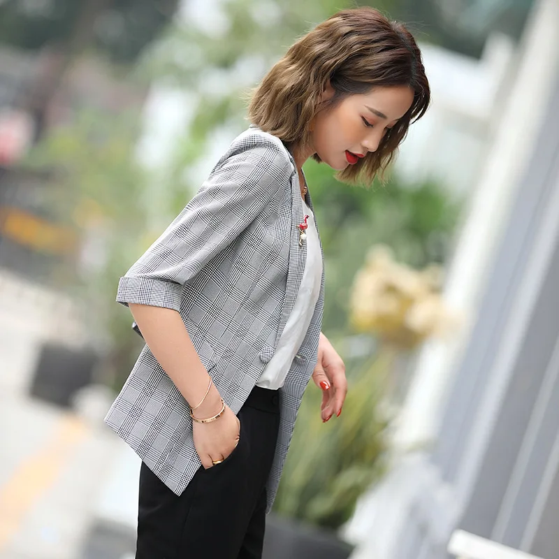 

Retro Plaid Suit Jacket Women's 2019 New Style South Korea Spring British Style Elegant Half-sleeve Shirt Slim Fit Suit Fashion