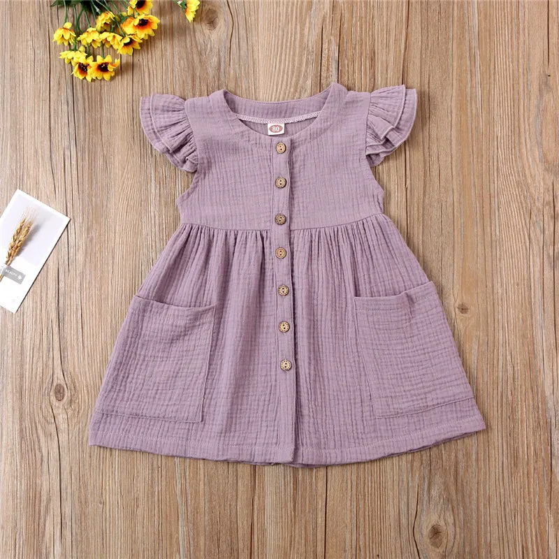 Toddler Kid Baby Girl Summer Dress Ruffles Sleeves Cotton Linen Party Children Girls Casual Button Pocket Dress Sundress Clothes girls dress