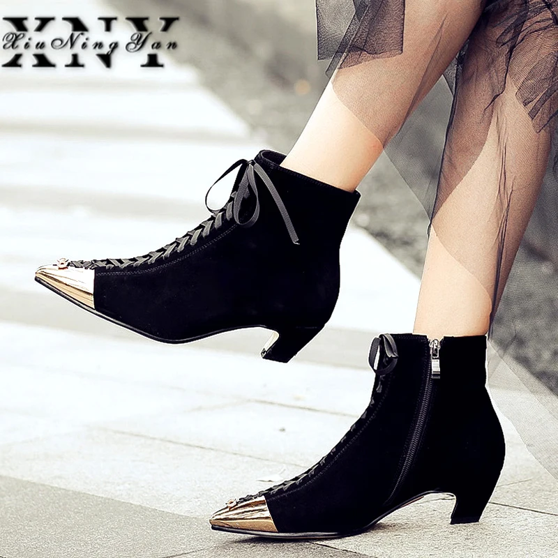 Xiuningyan Shoes Woman Hot Sale Kid Suede Pointed Metal Toe Mixed Color Butterfly-knot Med Heels European Designer Ankle Boots