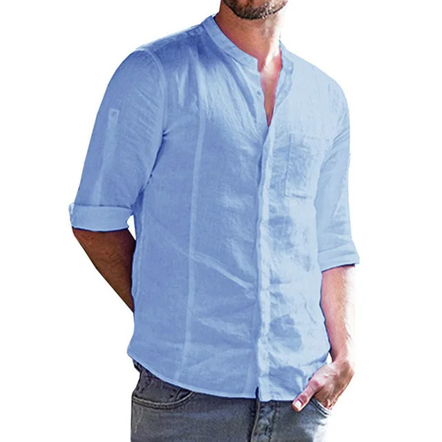 Light blue Мужская мода, этнический стиль, печать, свободная, короткий рукав, стоячий воротник, Повседневная рубашка - Цвет: Light blue
