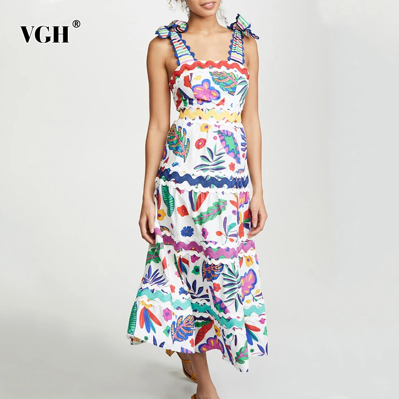 

VGH Vintage Print Bowknot Women's Dress Square Collar Off Shoulder Sleeveless High Waist Large Size Dresses Female 2019 Fashion