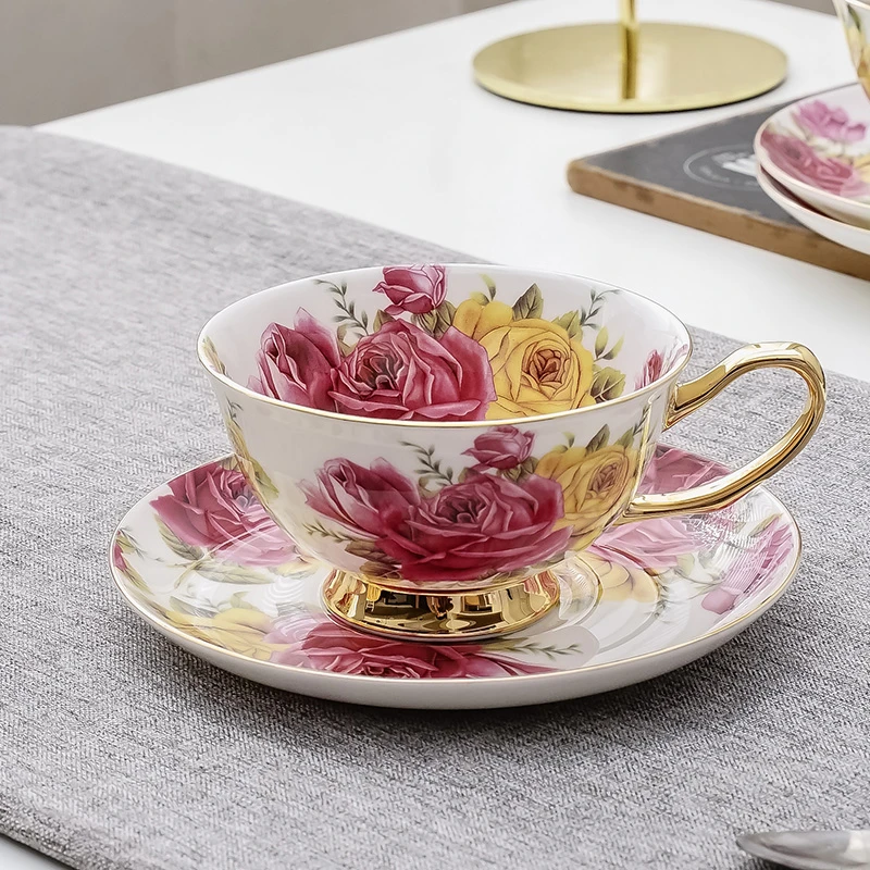 Pastoral Rose Bone China Tea Cup Saucer Spoon Set 200ml Europe Advanced