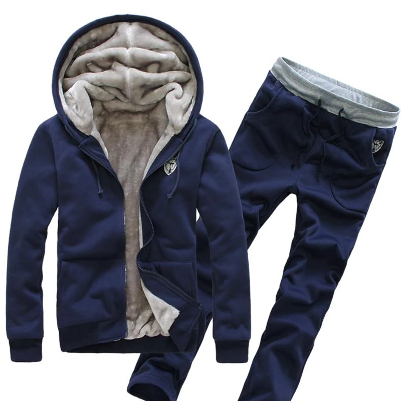 

2019 New Winter Fashion Casual Men's Sweatershirt Suit Plus Velvet Thick Solid Color Polyester Mens Hoodies M-3XL