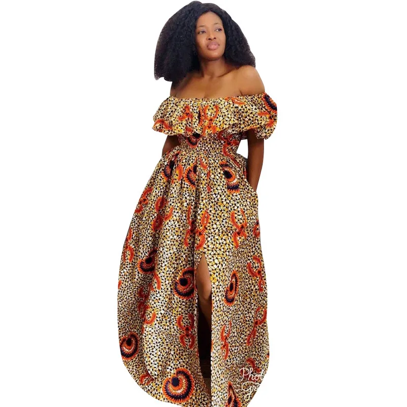 African Clothes Off-Shoulder Fashion Maxi Dress Vintage Floral - Technical View