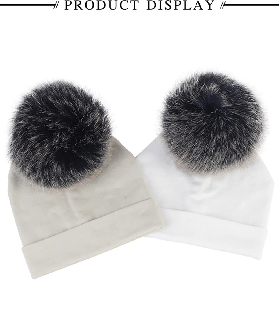 Autumn and Winter Baby Girls and Boys Beanie Hat Cotton Caps with Fox Fur Pompom Skullies Beanies Newborn Kids Plain Hats