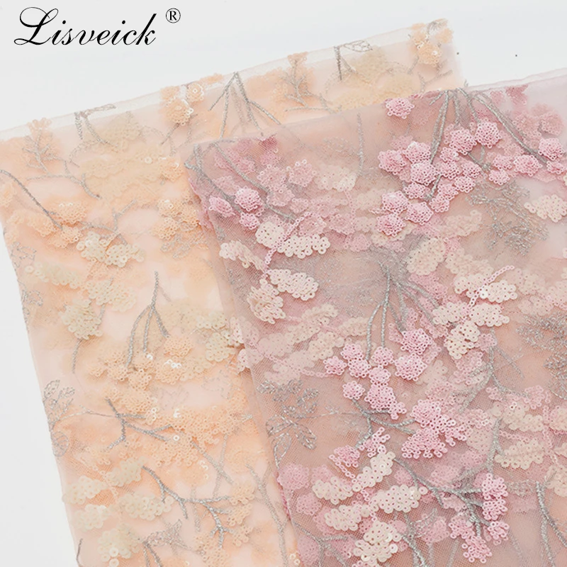 1 ярд блестки вышитые Листья кружевной ткани тюль, сетчатый материал ткань для свадебного платья платье юбка одежда аксессуары