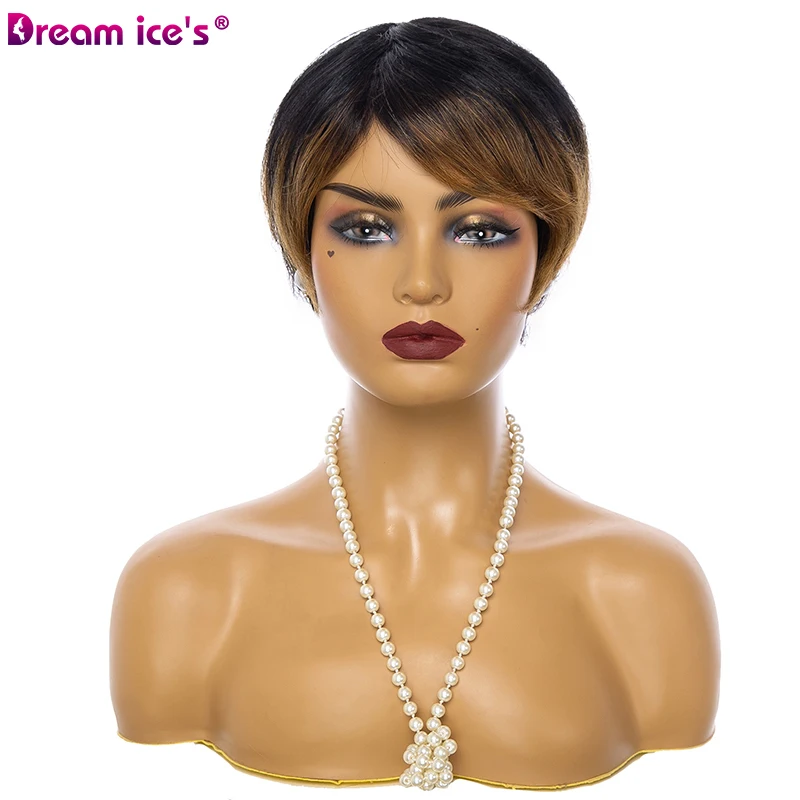 

DREAM.ICE'S HAIRShort Straight Bob Pixie Cut Machine Made Non Lace 98% Human Hair Wig With Bangs For Black Women Remy Preplucked