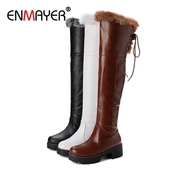 

ENMAYER Winter PU Lace-Up Fretwork Heels Over-the-Knee Boots Round Toe Med Faux Fur Platform Boots Solid Short Plush Women Shoes