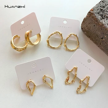

HUANZHI 2020 New S925 Minimalist Metal Geometric Irregular Round Water Drop Shape Gold earrings For Woman Girls Jewelry Gift