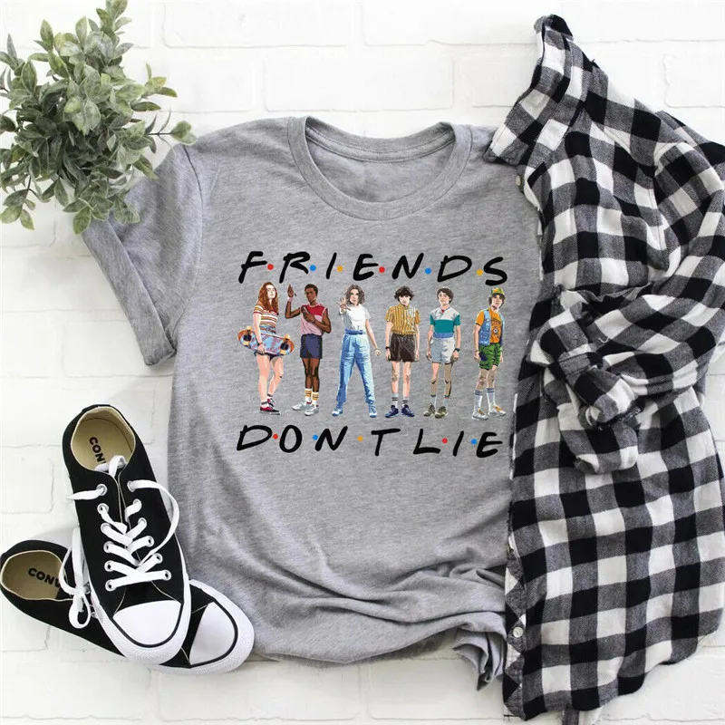 Футболка с надписью FRIENDS Don't Lie спортивная серая хлопковая для девушек|Футболки|
