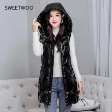 

Long Sleeveless Jackets Women's Hooded Warm Ladies Casual Winter Vests Zipper Pockets Thick Glossy Fashion Waistcoat for Female