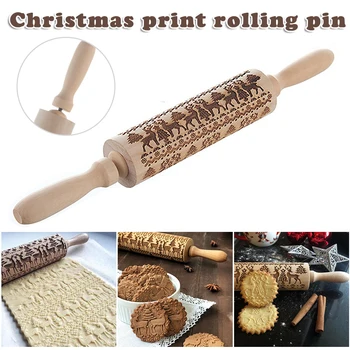 

3D Christmas Embossing Wood Rolling Pin Tools Baking Xmas Gifts For Kids and Adults to Make Cookie Dough Kitchen