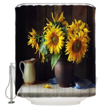 

Flower Sunflower Clay Pot Bathroom Curtain Polyester Fabric With 12 Hooks Waterproof Shower Curtain