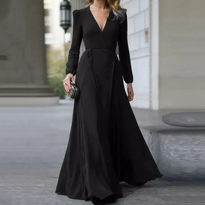 Женское Сексуальное Вечернее Платье макси с v-образным вырезом и длинным рукавом, однотонное Бандажное офисное дамское вечернее платье для выпускного вечера - Цвет: Черный