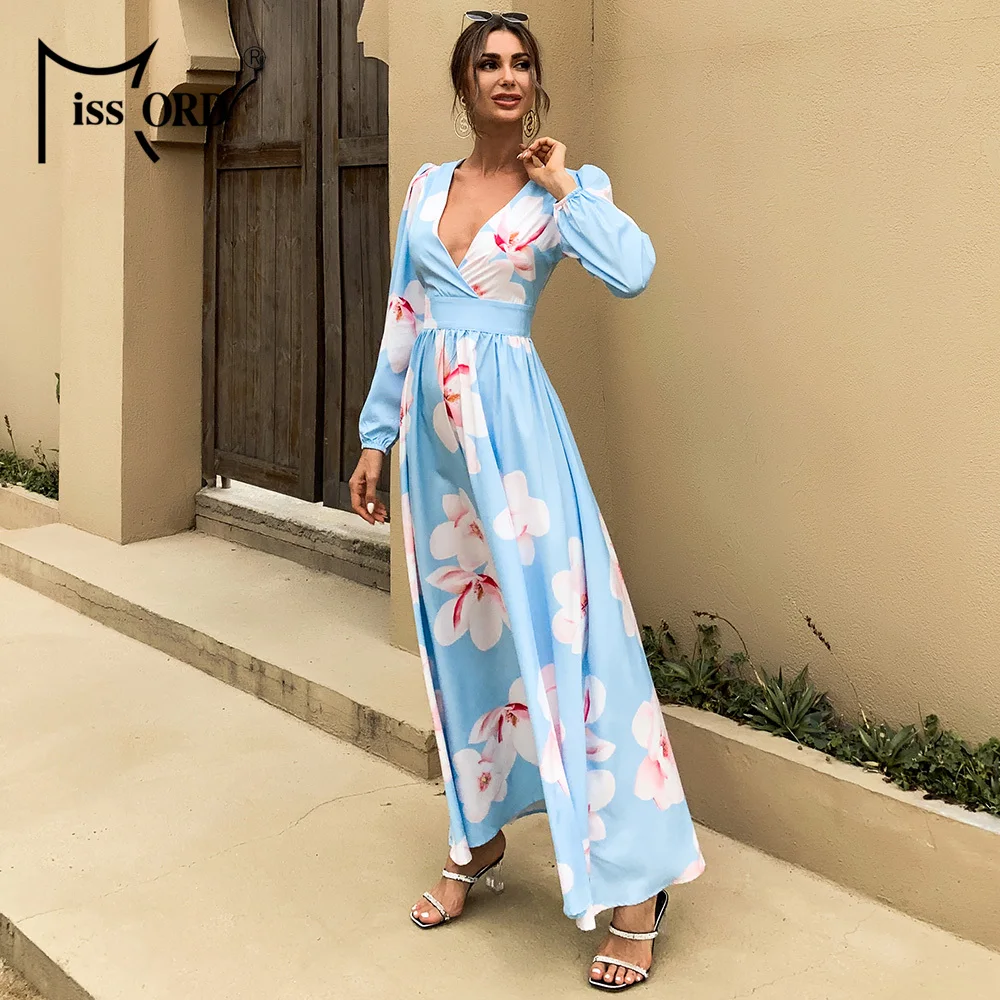 Missord Sexy Deep V Neck Boho Beach Dress Women Long Sleeve Floral Print Dress Casual High Waist Maxi Party Dress Vestido M0582