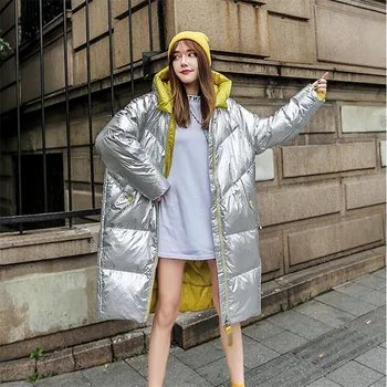 

2019 New Winter Coat Women Siver Metallic Color Hooded Long Overcoat Korean Loose Cotton Jacket Tide Ins Super Fashion Clothing