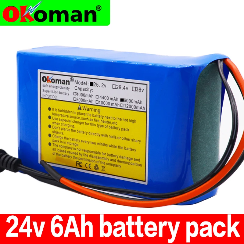Okoman аккумулятор большой емкости 24V 6Ah 18650 литий-ионный аккумулятор 25,2 V 6000mAh электроинструменты велосипедный аккумулятор