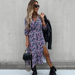 Vestido largo con estampado Floral para mujer, Túnica informal de manga larga con abertura, vestido bohemio elegante para fiesta, otoño e invierno, 2021