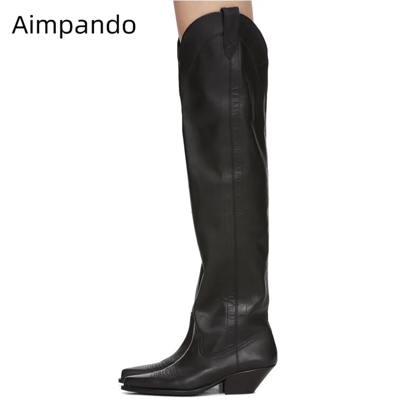 

Fashion Over The Knee Boots Women Solid Black Pointed Toe Chunky Block Heel Walking Long Botas V Cut Classic Knight Boots Mujer