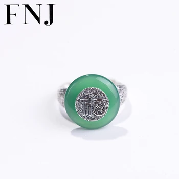 

FNJ Green Yellow Chalcedony Rings 925 Silver Adjustable Size Open S925 Solid Silver Ring for Women Jewelry Round Stone Fu Lucky