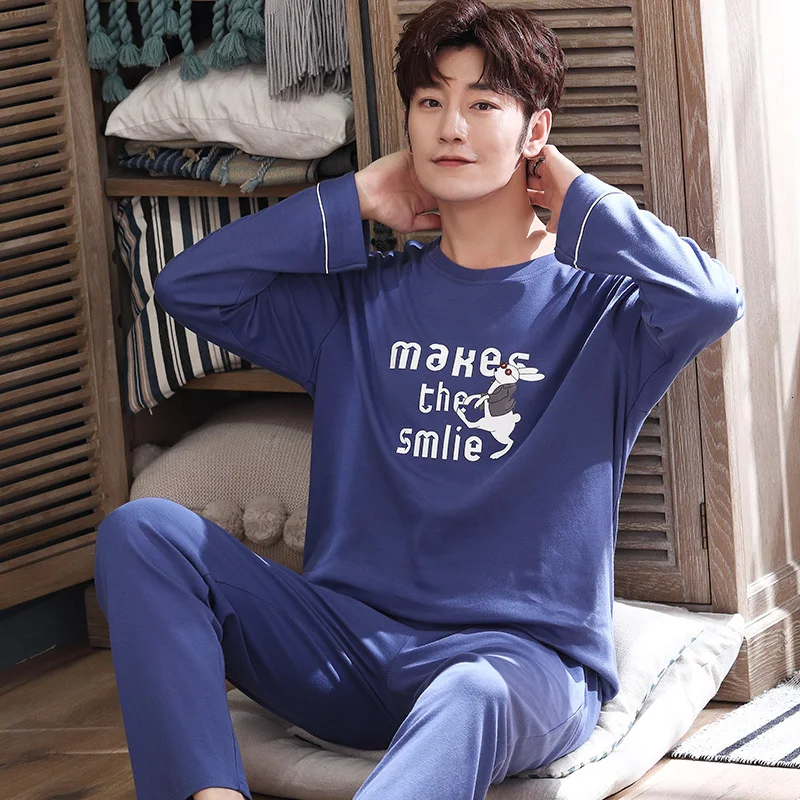men pajama set Осенне-зимний мужской хлопковый пижамный комплект, полосатая Пижама с буквенным принтом, мультяшная Пижама, Повседневная Пижама для сна и отдыха размера плюс 3XL, Пижама - Цвет: men pajama set