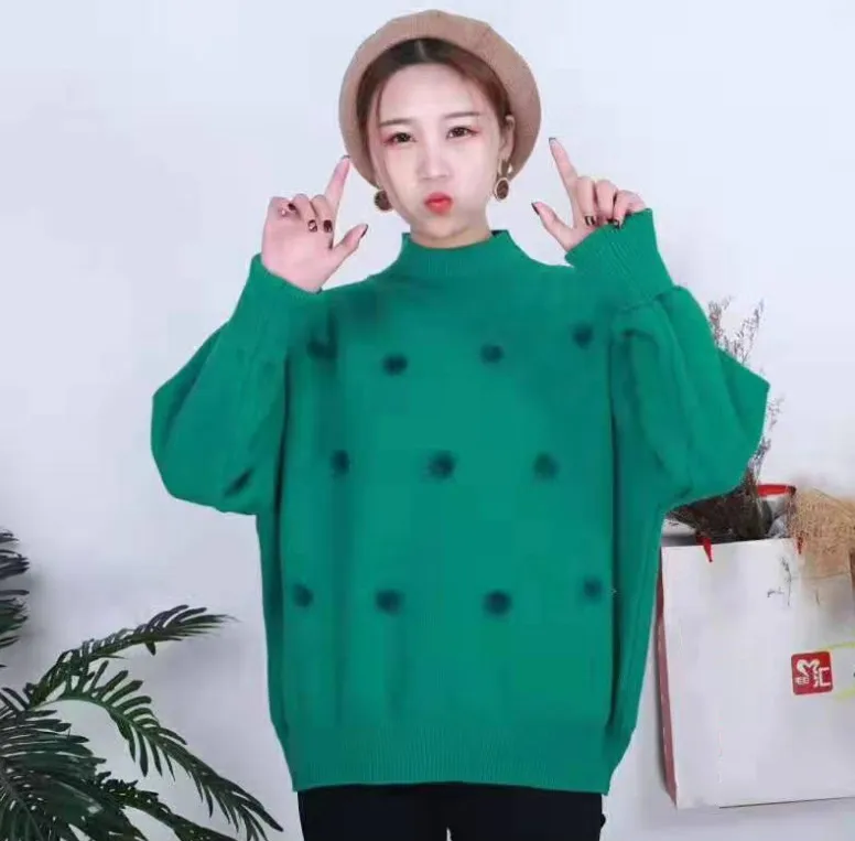 green Neploe Для женщин из искусственного лисьего меха; волос свитер с круглыми косами половина с высоким, плотно облегающим шею воротником с длинными рукавами вязаный пуловер в Корейском стиле свободные Джемперы Pull Femme 54977 - Цвет: green