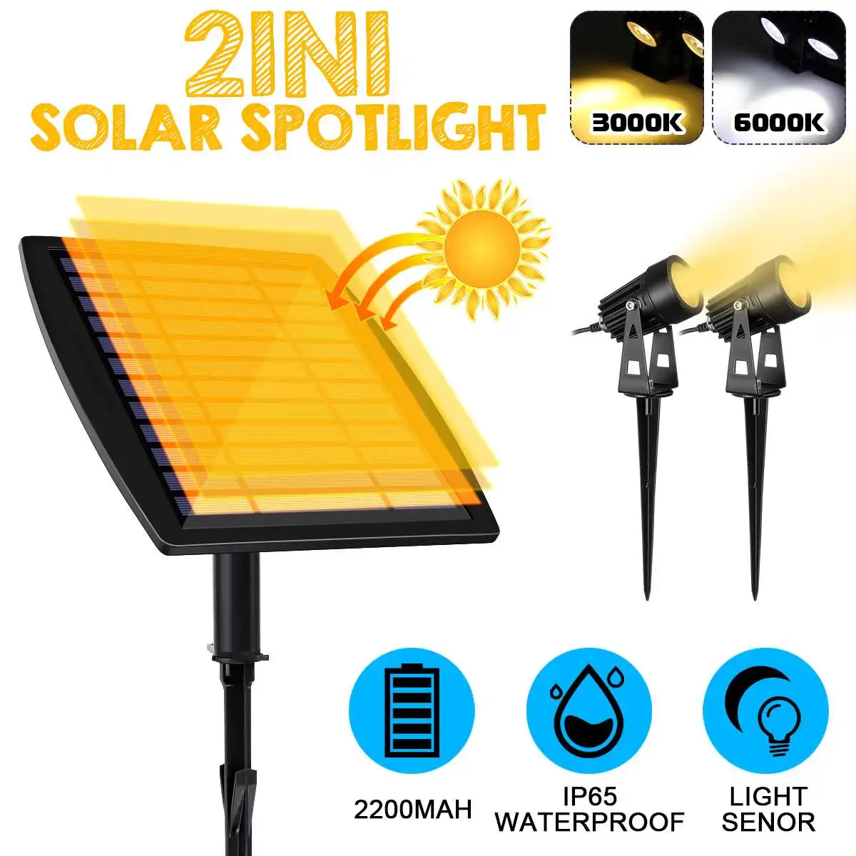 

Solar Power 2-in-1 Lawn Spotlight Outdoor LED Floodlight Sensor Auto On Off Light for Backyard Driveway Patio Gardens Light