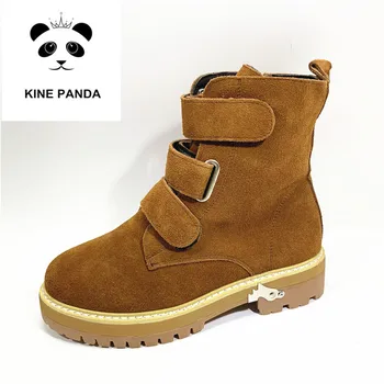 

KINE PANDA Women Boots Warm Fur Ankle Boots For Women Fall Winter Woman Boots Genuine Leather Snow Boots Female Flats Booties