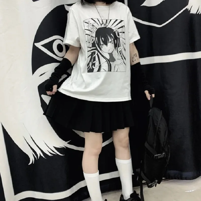 Women's t-shirts korean cotton Black Oversize dropshipping Tops harajuku vintage aesthetic gothic graphic punk clothes Anime tee