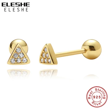 

ELESHE Female Small Triangle Stud Earrings with Crystal CZ 925 Sterling Silver Gold Plated Barbell Earrings For Women Jewelry