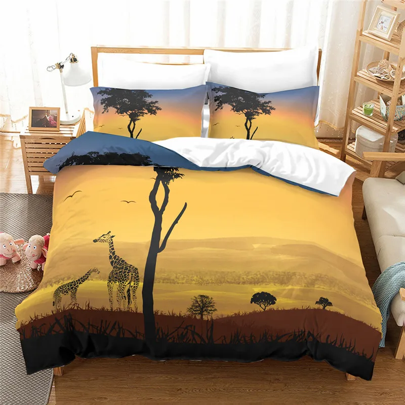 

HM Life Duvet Cover Sets 3Pcs/Set Giraffe Landscape Printing Simple Style Bedclothes King Queen Twin Size Kids Soft Bedding Sets