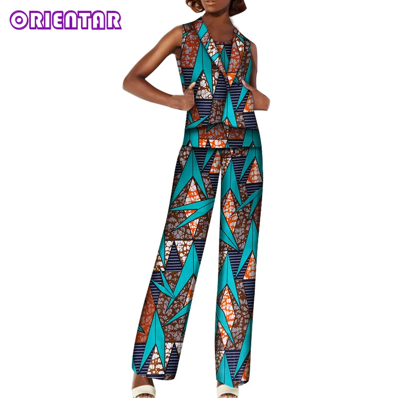 Африканский комплект штанов женские модные африканские костюмы Африканский принт хлопок без рукавов топ и брюки Базен Riche африканская одежда WY6052 - Цвет: 17