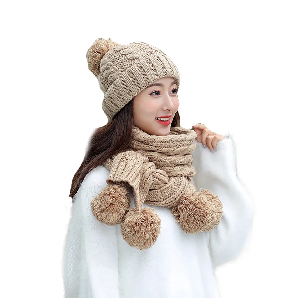 Adult Women Men Winter warm Knit Hat Solid Color Scarf Hairball beanie with pompom Casual Solid winter hats for women