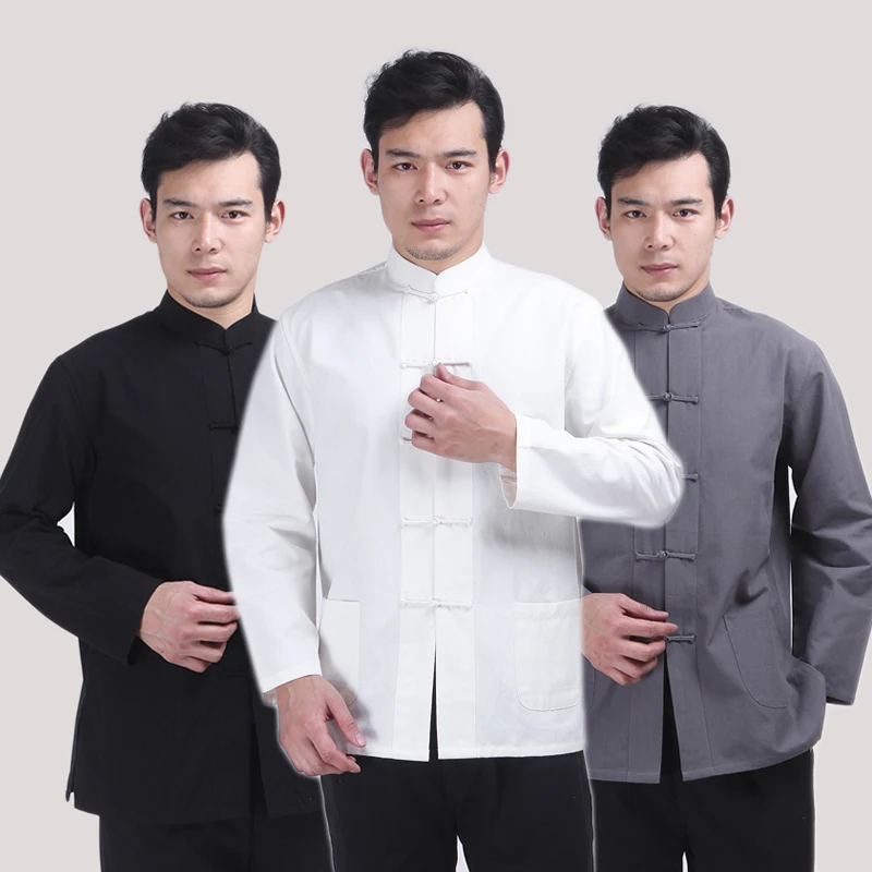 Masculina de Linho com Sete Estilo Chinês Tang Terno Botão Camisa Mangas Camisas Gola Retro Casuais Kungfu