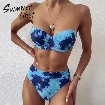 

Off-shoulder bikinis 2020 mujer Printed swimwear Push up swimsuit women High waist bathing suit Sexy Tie-dye two piece suit new