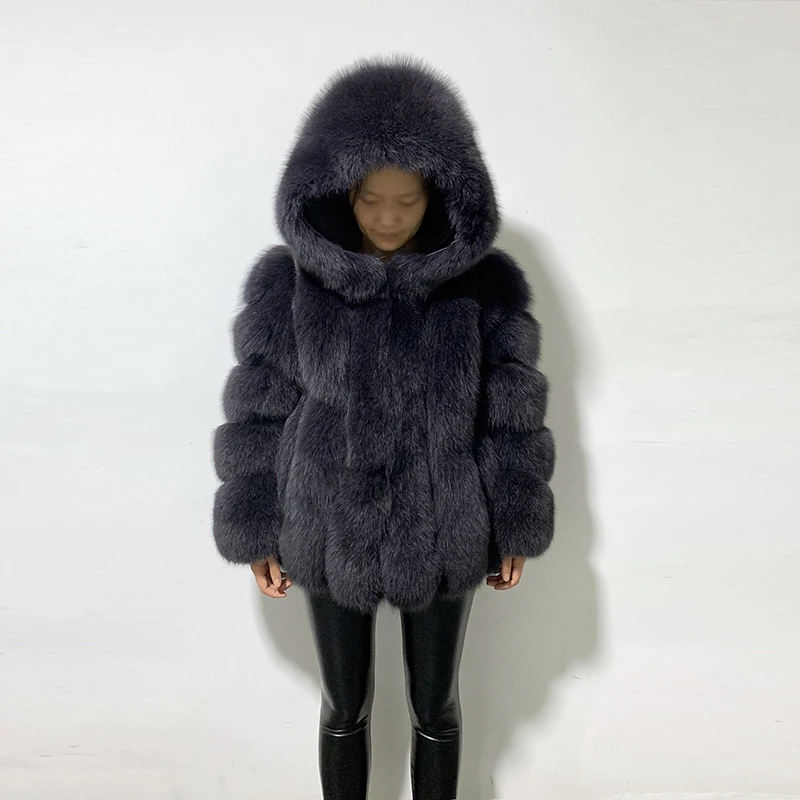 Rf1991B зимняя модная шуба из лисьего меха с большим капюшоном, супер теплая Женская куртка из натуральной кожи с натуральным мехом
