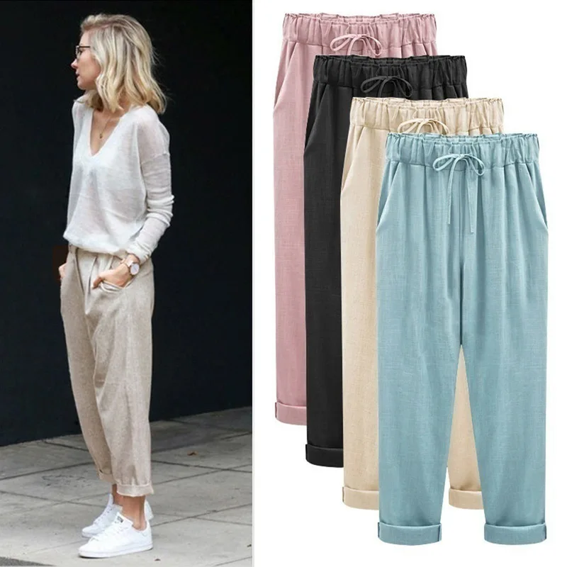 ZOGAA Women Harem Pants Casual Ankle Length Trousers Solid Elastic Waist Cotton Linen Pants Harem Loose Pants Big Size S-6XL