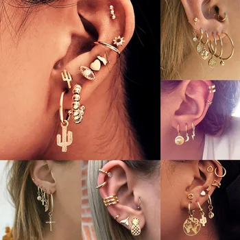 

FNIO 2020 New Boho Multi-Element Crystal Set Earring For Women Fashion Pendant Piercing Star Geometric Stud Earrings Jewelry
