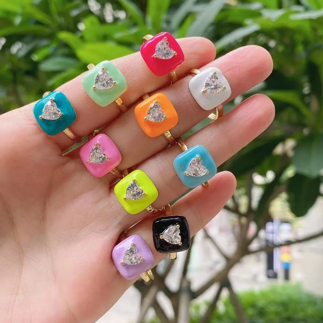 

10PCS, New Design Colorful Crystal Heart Enamel Rings for Women Trendy Gold Ring Lover Couple Engagement Jewelry