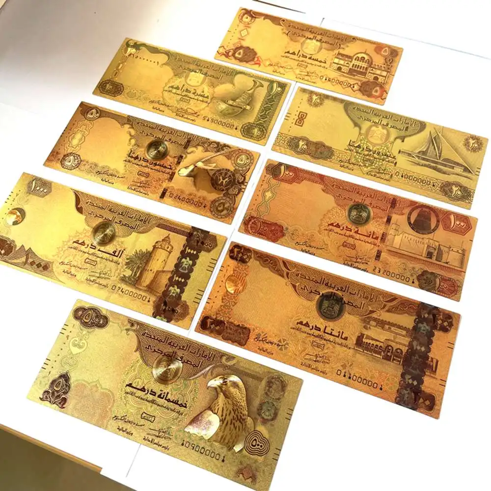 8 adet birlesik arap emirlikleri dirhem banknot bae altin folyo kagit para el sanatlari koleksiyonu para birimi para gold banknotes aliexpress