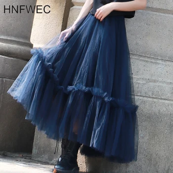 

High-waisted gauze large swing patchwork ruffles skirt famale 2020 Women's medium and long mesh fashion bottom new T948