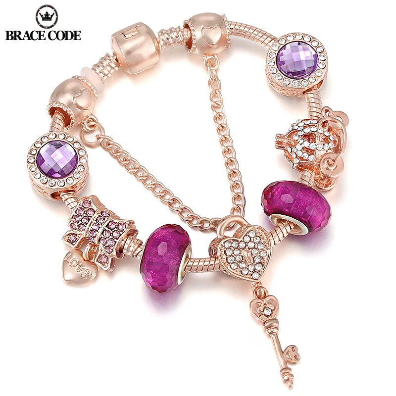

New Rose Gold Heart Key Pendant Charm Bracelets For Women Original Girls Princess Crown Beaded Bracelet Wife Jewelry