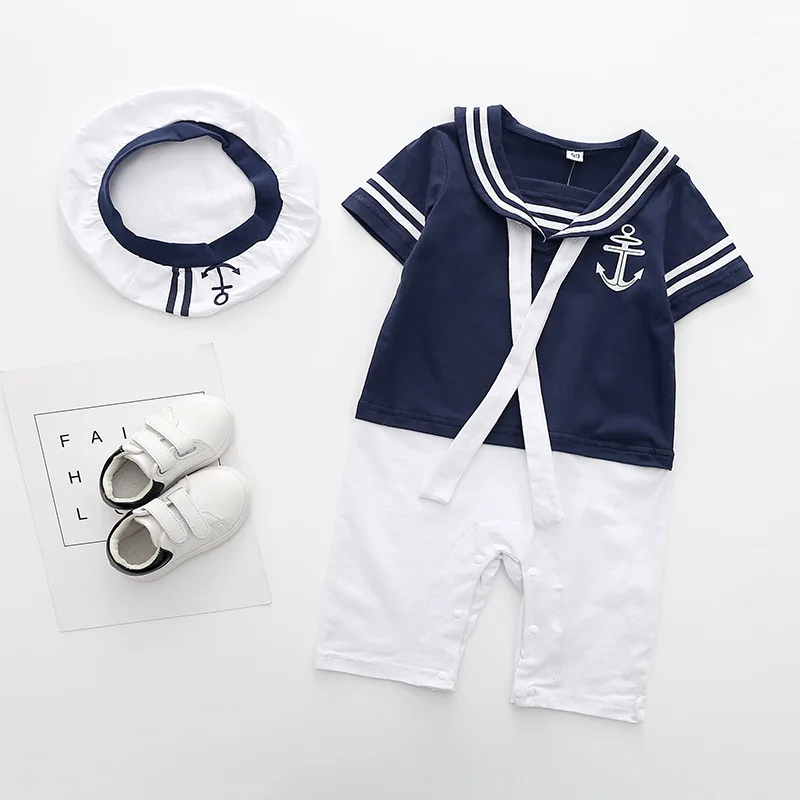 

Europe And America Childrenswear Infants Navy Romper Summer Stripes Infant Short Sleeve Crawling Clothes Onesie