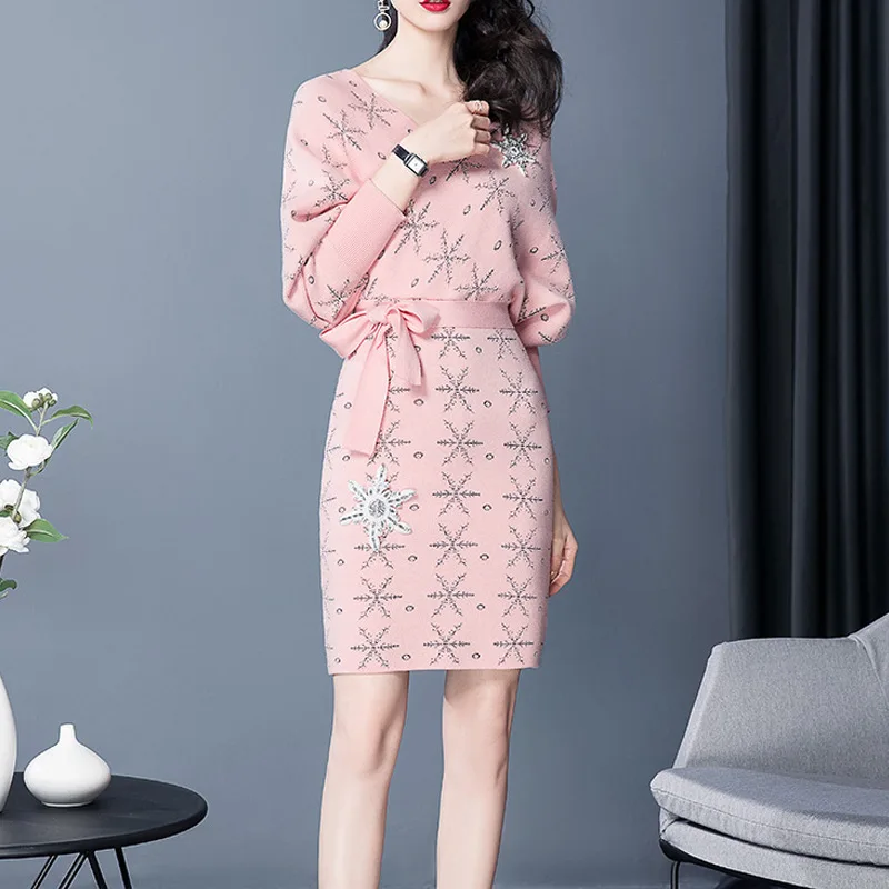 

Europe And America 2018 Spring Clothing New Style V-neck Long-sleeved Pink One-step Skirt Slim Fit Sheath Elegant Dress