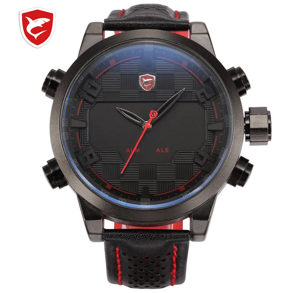 

Luxury Leather Package Digital Shark Sport Watch Waterproof Dual Time Oversized LED Calendar Alarm Men Quartz Watches /SH203-206