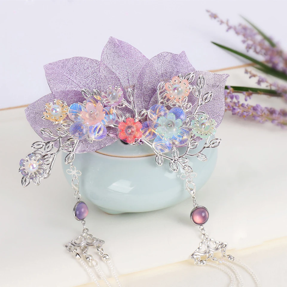 Flower Hair Stick Crystal Alloy Flowers Hair Pin Vintage Chinese Hair Fork Handmade Bridal Jewelry Accessories